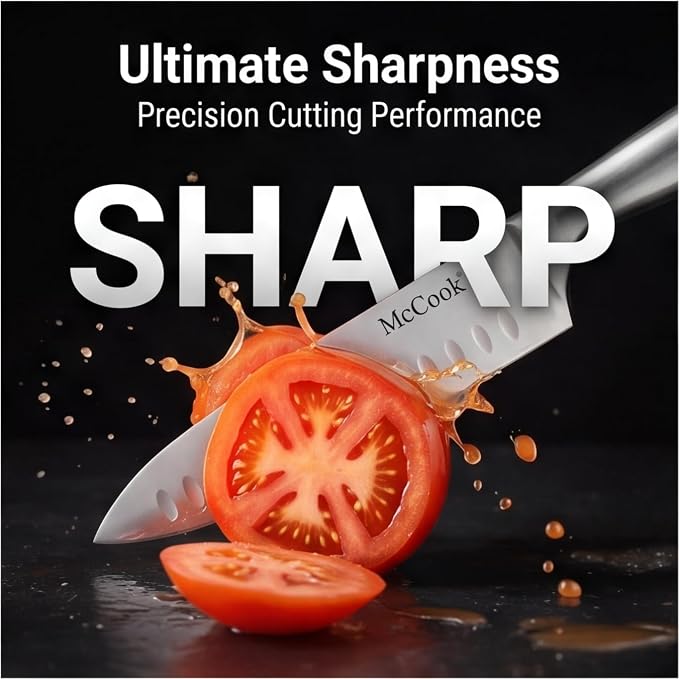 McCook Kitchen Knife Set 15PC Knife Block Set w Built-in Sharpener | German Forged Stainless Steel,Razor Sharp,15 PC, Anti-Rust,Restaurant Grade,Ergonomic Handles,Full Tang,Gift Box