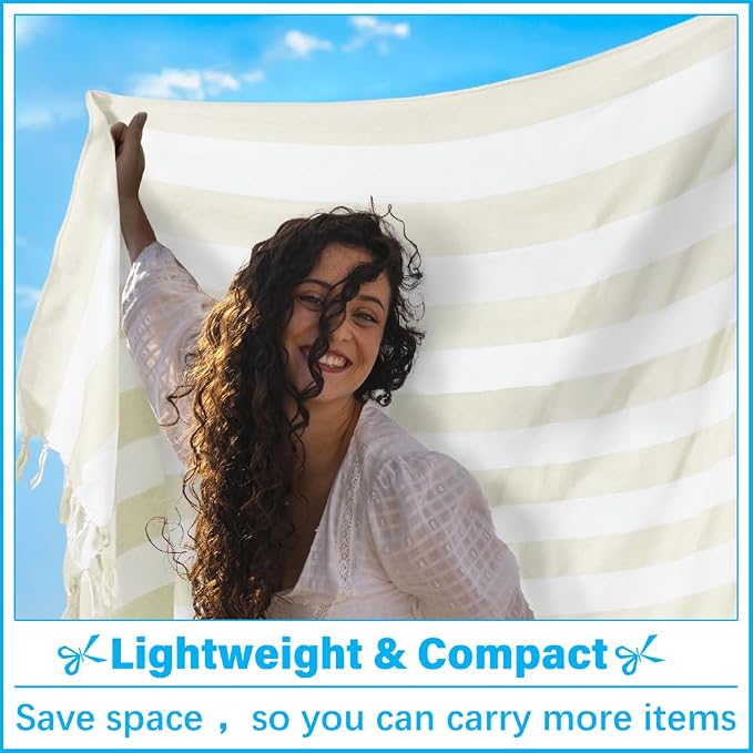 Vikumond Turkish Beach Towel Blanket Oversized 88x82 Inch Quick Dry Beige | Lightweight Compact Portable Sand Free Absorbent Boho Woven Throw for Pool Swimming Picnic Camping Cruise Outdoor Essentials