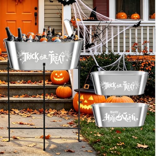 5.5 Gal Halloween Galvanized Ice Buckets with Stand,Halloween Candy Bucket