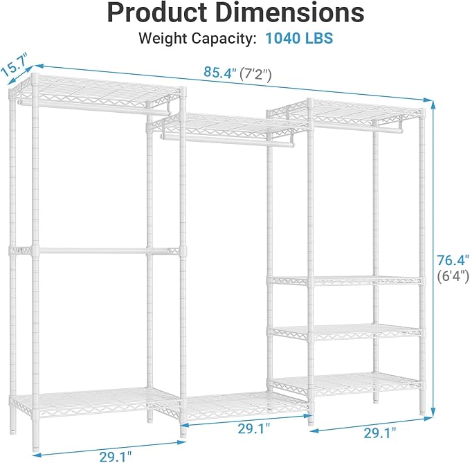 VIPEK V5 Plus Portable Closet Wardrobe Heavy Duty Clothes Rack, Large Free Standing Closet Rack for Hanging Clothes, 85.4" L x 15.7" W x 76.4" H, White