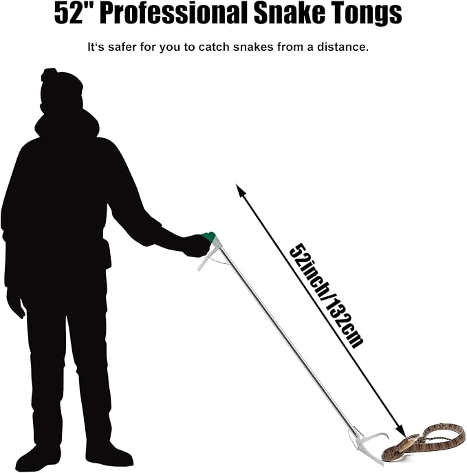 52" Extra Long Snake Tongs Reptile Grabber Reacher Catcher | Stainless Steel & Wide Jaw Pick-up Handling Tool for Outdoor, Garden, and Emergency Use