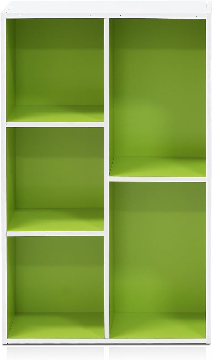 Furinno LUDER Book Shelf, 5-Cube Bookshelf, Reversible Bookcase, 9.4 x 19.5 x 31.5, Easy Assembly, for Living Room, Bedroom, Home Office, White/Green