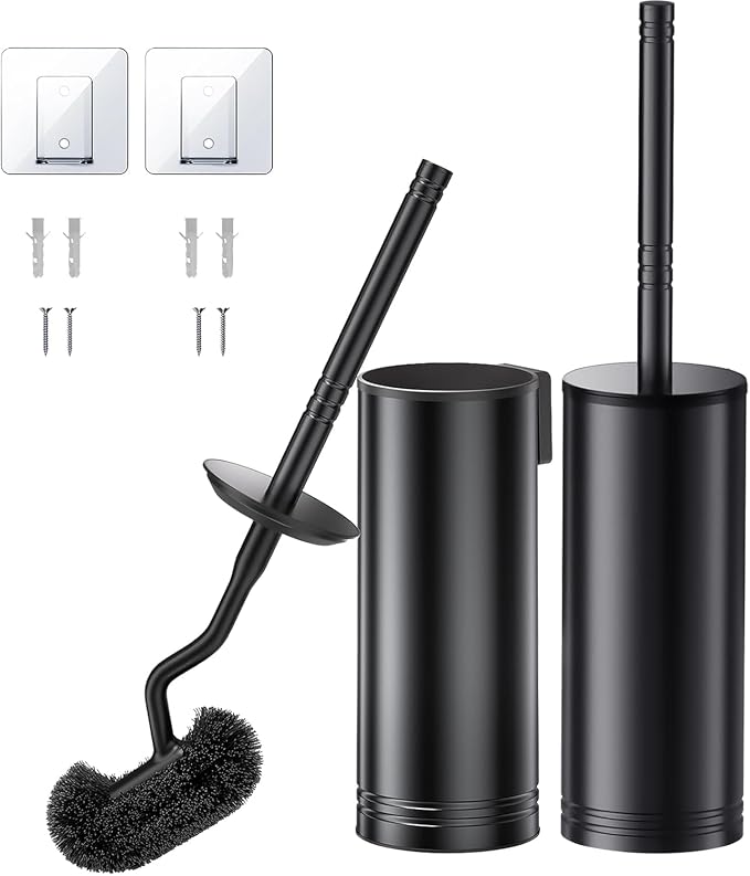 HAMITOR Toilet Brush and Holder Set: Stainless Steel Heavy Duty Bowl Cleaner Brush - Deep Cleaning Under Rim Curved Bristle - Space Saving Wall-Mounted for Home RV Bathroom Accessories Black 2 Pack