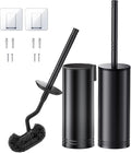 HAMITOR Toilet Brush and Holder Set: Stainless Steel Heavy Duty Bowl Cleaner Brush - Deep Cleaning Under Rim Curved Bristle - Space Saving Wall-Mounted for Home RV Bathroom Accessories Black 2 Pack