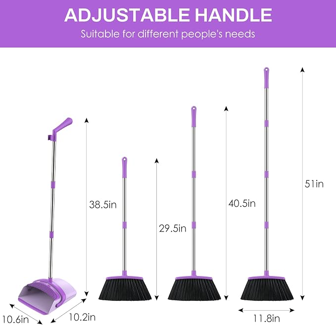 Broom and Dustpan Set for Home, 51-in Long Adjustable Handle Angle Broom and Dustpan Combo Set with Dust Pan Teeth to Clean Hair for Home Kitchen Office Lobby Floor Garden, Purple