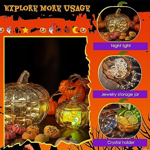 2 Pcs Glass Pumpkin Candy Jar with Lid Halloween Fall, 70 Oz,20 oz, Amber