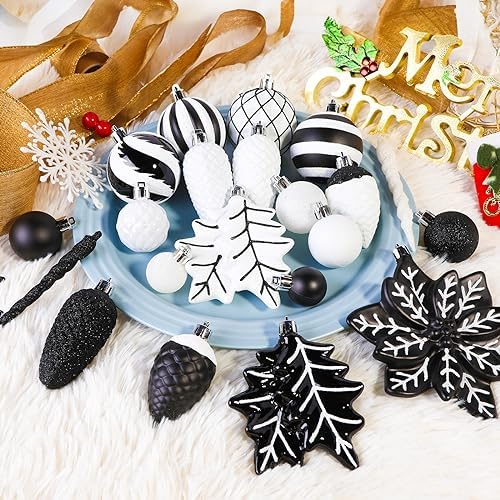 SHareconn 106PCS Christmas Balls Ornaments Set, Colorful Shatterproof Plastic Decorative Baubles for Xmas Tree Decor Holiday Wedding Party Decoration with Hanging Hooks, Black & White