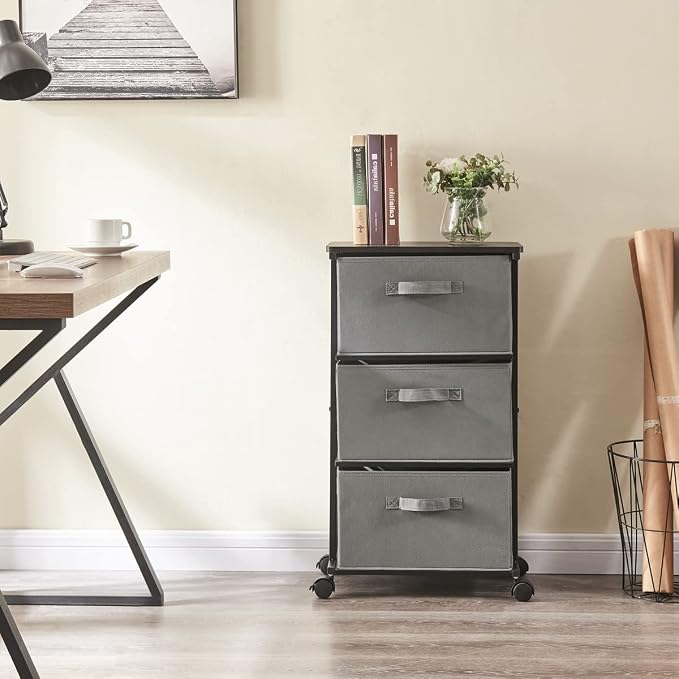 MAX Houser Dresser Tower with 3 Drawers, Grey | Fabric Storage Organizer Unit, Chest of Drawers with with WoodTop, Small Vertical Storage for Guest Room, Closet, Entryway
