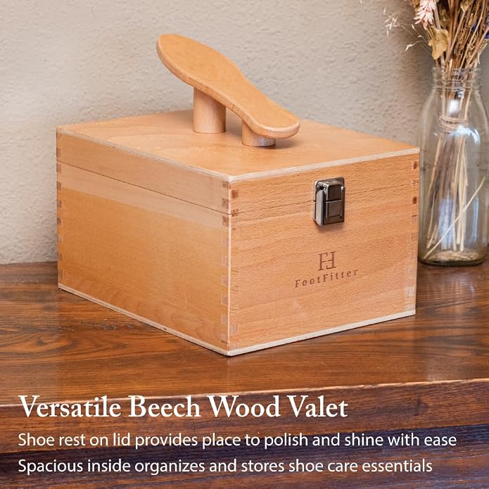 FootFitter Beech Wood Valet Box, Premium Shoe Shine Storage Organizer | Durable Beech Wood Construction with Storage Space for Shoe Care Tools & Attachable Shoe Rest for Cleaning & Polishing