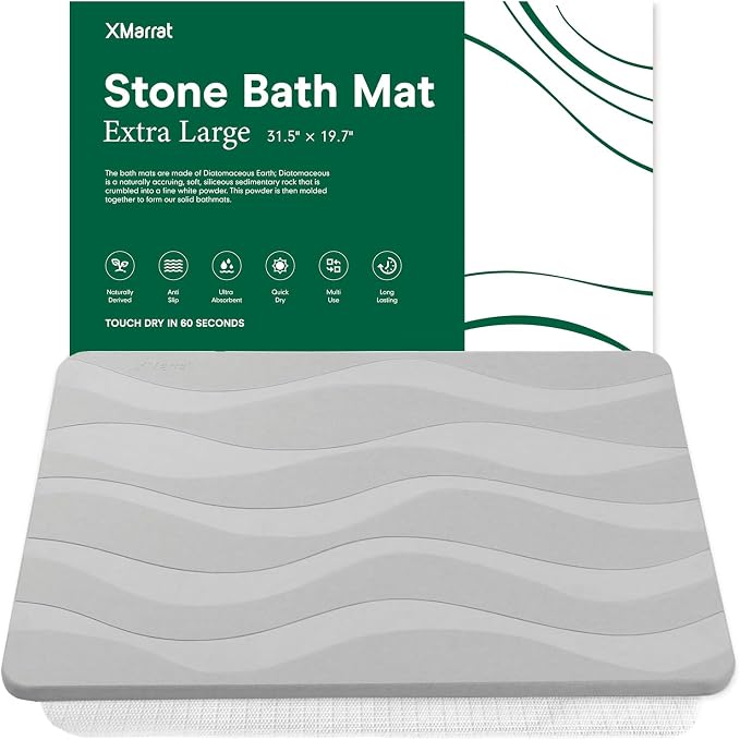 XMarrat Large Stone Bath Mat, 31.5'' x 19.7'' Super Absorbent Diatomaceous Earth Bath Mat Large, Quick Drying Non-Slip Diatomite Stone Bath Mats for Bathroom, Easy to Clean (Light Gray)
