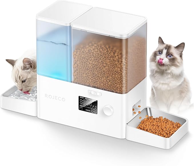 Automatic Cat Feeder & Water Dispenser,Button Customizable Feeding | 2 in 1 Feeding Drinking Water/5L Food Feeder,3.5L Water Fountain/Stainless Steel Bowls/Detachable Clean/White