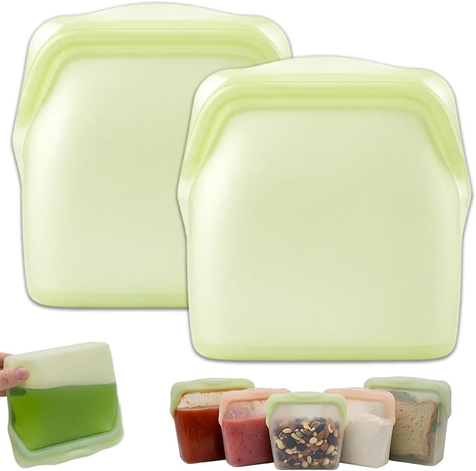 New Generation Silicone Storage, Reusable Silicone Food Storage Bags, Leak-Proof Upright Freezer Bags, Odor-Proof, High-Temperature Resistant, Microwave Dishwasher Safe for Snacks Leftovers (2-Green)