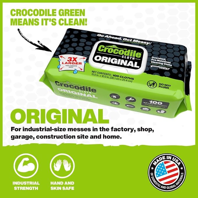 Crocodile Cloth Original Cleaning Wipes, Heavy-Duty Multi-Surface Hand & Tool Wipes, Water-Based, Safe on Skin, 600 Count (6 Packs of 100), 15 x 10 Inch