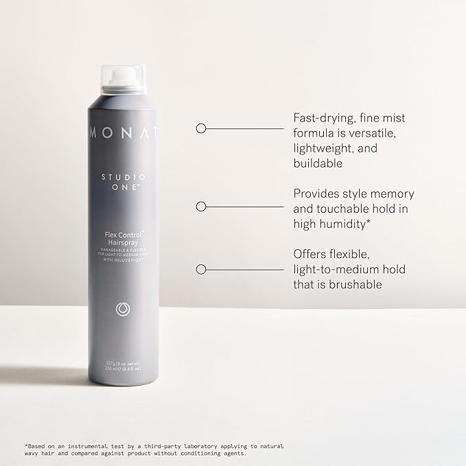 MONAT Studio One™ Flex Control Hairspray – Light to Medium Buildable Hold – Infused with REJUVENIQE® – Can be Used on Colored Hair – Fresh Smelling Scent – Style Memory for Humid Weather