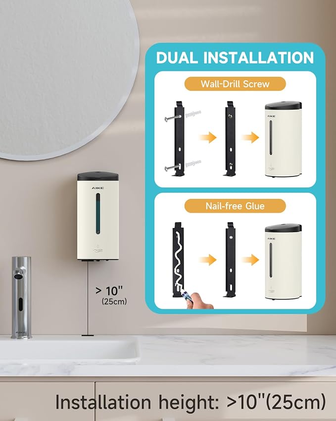 AIKE Automatic Liquid Soap Dispenser,25oz Capacity for Bathroom,Mattewhite | No-Drill and Screw Wall Mount Install Design for Space-Saving,4*AA batteries(Not Included) Ensure Long Standby,Model AK1205E