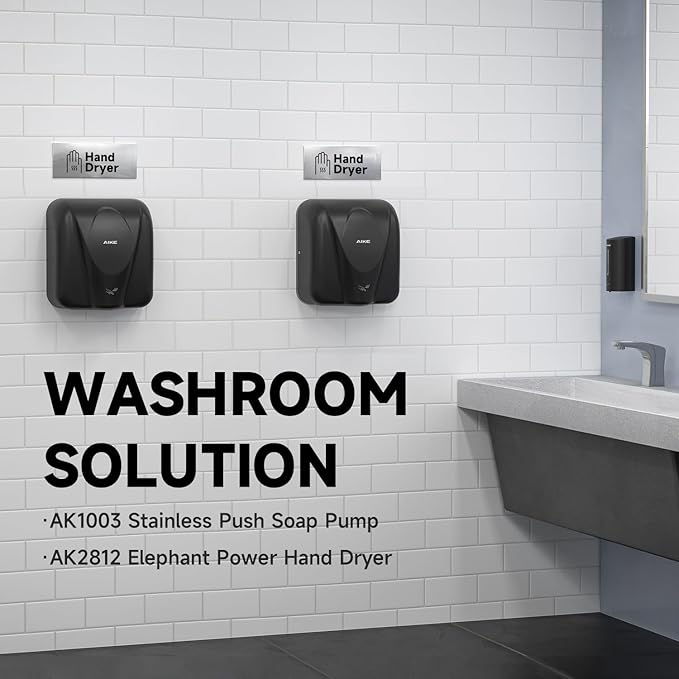 AIKE Elephant Power Commercial Hand Dryer High Speed Auto Warm Wind, Matte Black Thermoset Cover AC110V-130V Model AK2812