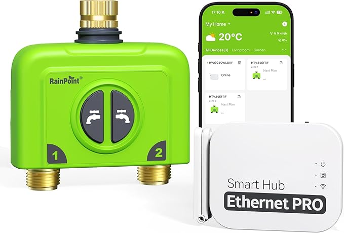 RAINPOINT WiFi Water Timer for Garden Hose, 2 Zone WiFi Sprinkler Controller, Smart Hose Timer Valve, Automatic Drip Irrigation System/Rain Delay for Garden (Brass Inlet & Outlet, Ethernet Gateway)