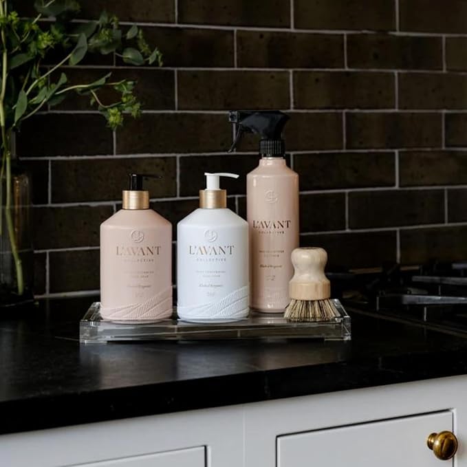 L'AVANT Collective Luxury Home Essentials High Performing Dish Soap, Hand Soap, Multipurpose Cleaner Spray, Scrub Brush, Lucite Tray Luxurious Ingredients Reusable Bottles (Blushed Bergamot)
