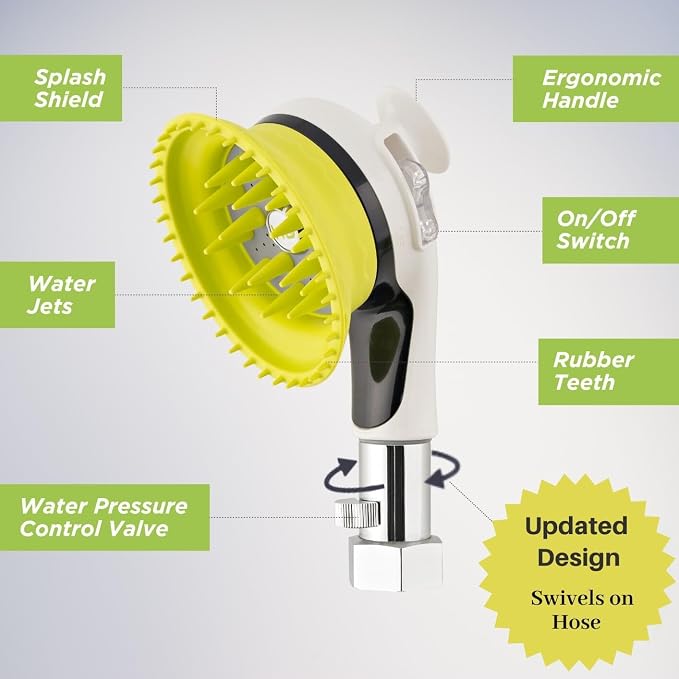 Wondurdog Outdoor Dog Wash Garden Hose Nozzle for Bath and Quick Paw Rinses. Splash Shield Handle and Rubber Grooming Brush. Metal Connection. Swivels on Hose with Water Pressure Control.