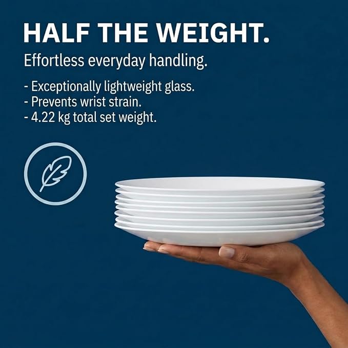 Corelle Vitrelle 18-Piece Service for 6 Dinnerware Set Triple Layer Glass and Chip Resistant, Lightweight Round Plates and Bowls Set, Winter Frost White