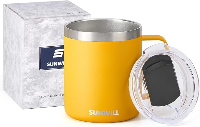 SUNWILL Insulated Coffee Mug with Lid, Travel Tumbler with Handle, 14 oz Stainless Steel Cup for Camping, Office, Home, Powder Coated Yellow