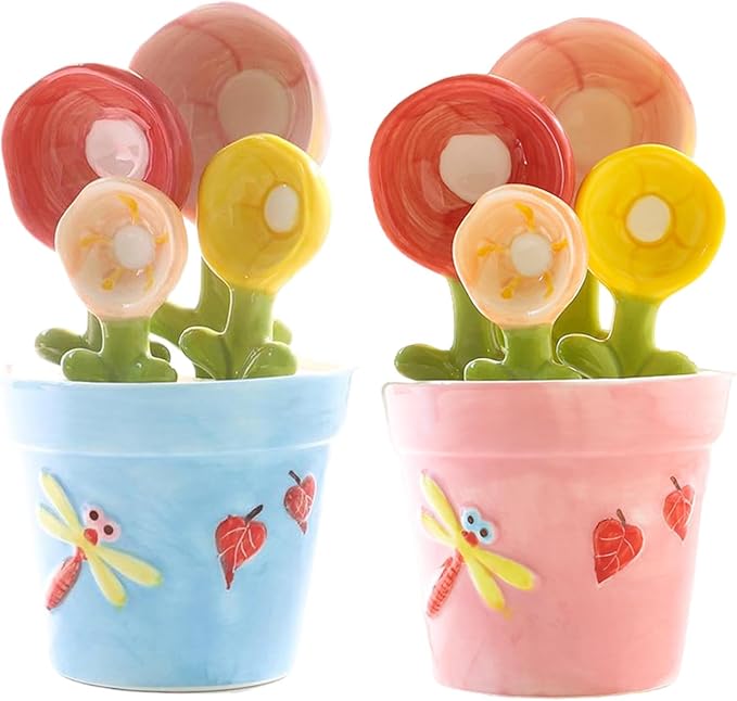 Ceramic Flower Measuring Spoon Set,Decorative FlowerPot Measuring Spoons and Cup Set in Pot, Flower Baking Scale Spoons with Base for Dry and Liquid Ingredient, 1/4 Tsp,1/2 Tsp,1Tsp,1Tbsp (Pink)