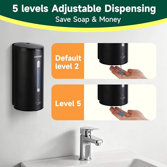 anydry Touchless Automatic Liquid Soap Dispense Wall Mount 25oz Large Capacity Stainless Steel for Commercial (Matte Black)