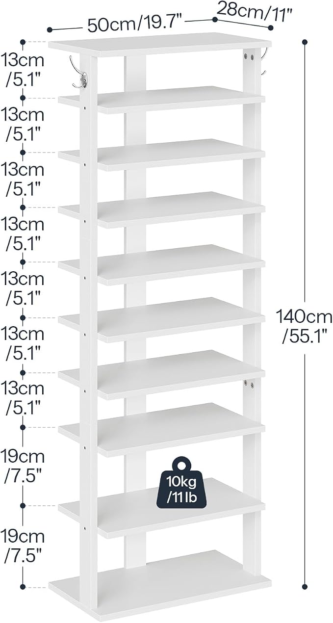 HOOBRO 10 Tiers Vertical Shoe Rack, Wooden Shoe Storage Organizer with Hooks, Narrow Shoe Tower for 20 Pairs, Space Saving, for Entryway, Living Room, Bedroom, White WT140XJ01