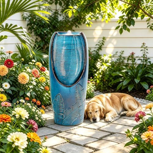 Autodaya 33" H Ceramic Jar Outdoor Water Fountain, Banana Leaf-Texture