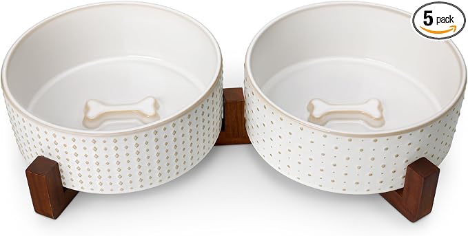 MALACASA Dog Bowl Set, Ceramic Bowls with Walnut Wood Stand, 6 Cups | Rhombic and Polka Dot Design, Non-Slip Base, for Dogs, About 26% Heavier than Similar Ceramic Bowls