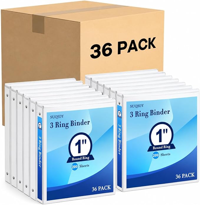 SUQJOY Durable 3 Ring Binders 1 Inch 36 Pack Bulk, Clear View Binders Bulk Three Ring Binders PVC Free, Fit for 8.5x11 inches for School or Office Supplie(White