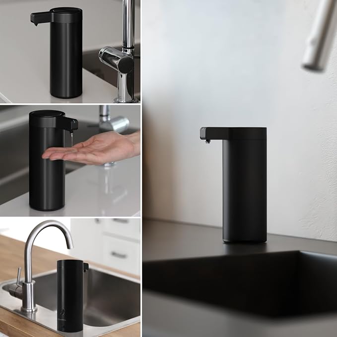 Automatic Soap Dispenser Stainless Steel with Sensor Infrared Soap Dispenser Electric IPX5 Waterproof USB-C Charging Motion Sensor for Kitchen & Bathroom (Matte Black - Wall Mount)