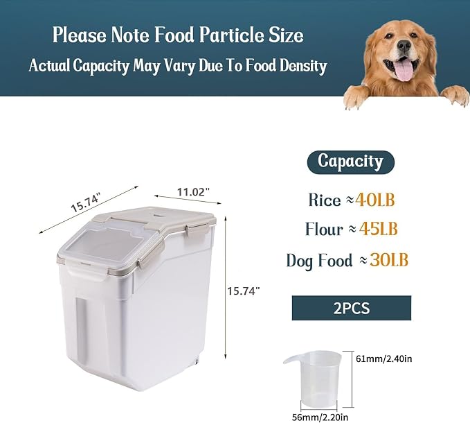 50 lbs Flour Storage Container, 2 Pack Rice Storage Container with Measuring Cup & Scoop, Pet Food Storage Container Dog Cat Food Bin, Grey