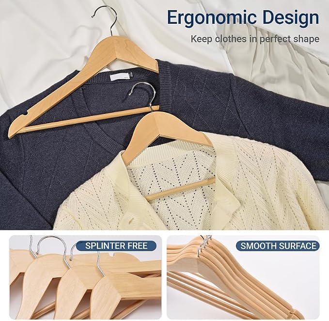 Amber Home 30 Pack Wooden Coat Hangers, Natural Wood Suit Hangers with Non-Slip Pant Bar, Clothes Hangers for Closet Organization, Shirts, Jackets, Dresses, and Pants (Natural, 30)