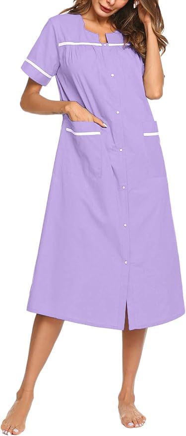 Ekouaer Womens Snap Front Dusters Cotton Housecoat Short Sleeve Nightgown House Dress With Pockets