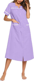 Ekouaer Womens Snap Front Dusters Cotton Housecoat Short Sleeve Nightgown House Dress With Pockets
