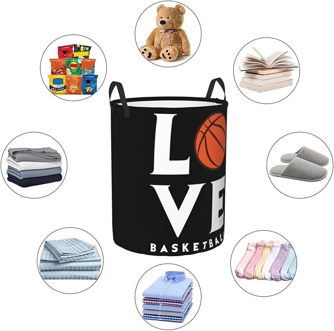 Love Basketball Laundry Hamper Laundry Basket Circular Hamper Dirty Clothes Storage with Handles