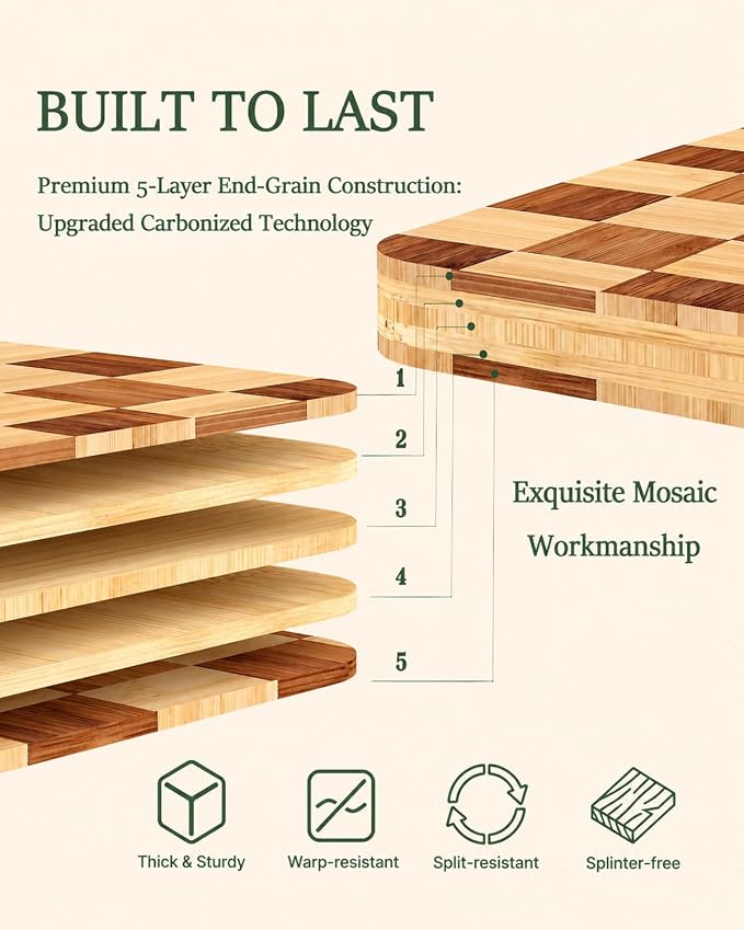 Wood Cutting Board,Heavy Duty End Grain Butcher Block Bamboo Cutting Boards for Kitchen with Deep Juice Grooves and Handles for Meat, Cheese, Charcuterie and Gifting