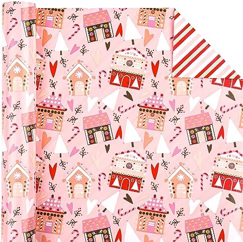 WRAPAHOLIC Reversible Christmas Wrapping Paper - Mini Roll - 17 Inch x 33 Feet - House with Christmas Tree and Candy Cane Wrapping Paper for Holiday, Party Celebration
