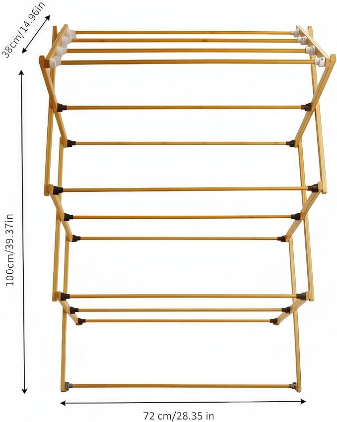 FJO Foldable Bamboo Clothes Drying Rack, 3-Tier Collapsible Laundry Clothes Hanger, Portable Wooden Drying Rack, Space Saving Indoor Outdoor, 28'' D x 15'' W x 39.3'' H, Beige