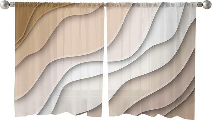 Geometric Sheer Curtain 45 Inch Rod Pocket Ombre Cream Beige Living Room Bedroom Kitchen Cafe Window Curtains & Drapes,Modern Abstract Ocean Beach Chiffon Tulle Curtains,Brown White 2 Panels 104"x45"