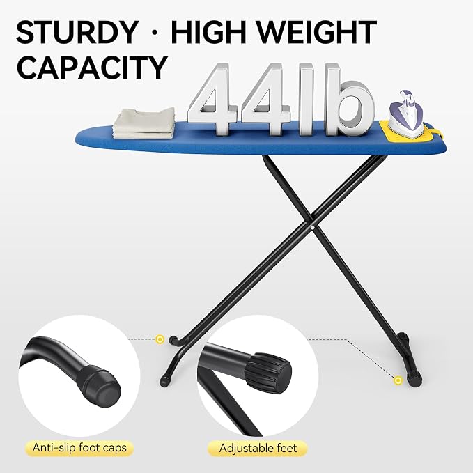 Ironing Board Full Size, Iron Board with Silicon Rest, Foldable Ironing Boards Standard Size, Heavy Duty Iron Stand Boads, Ironing Table with 7 Height Adjustable Anti-Slip Feet, 13x43 Blue