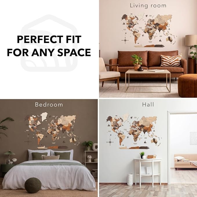 ENJOY THE WOOD 3D Wood World Map Wall Art Large Wall Décor - World Travel Map - Any Occasion Gift Idea - Wall Art for Home & Kitchen or Office (Medium, Multicolor)