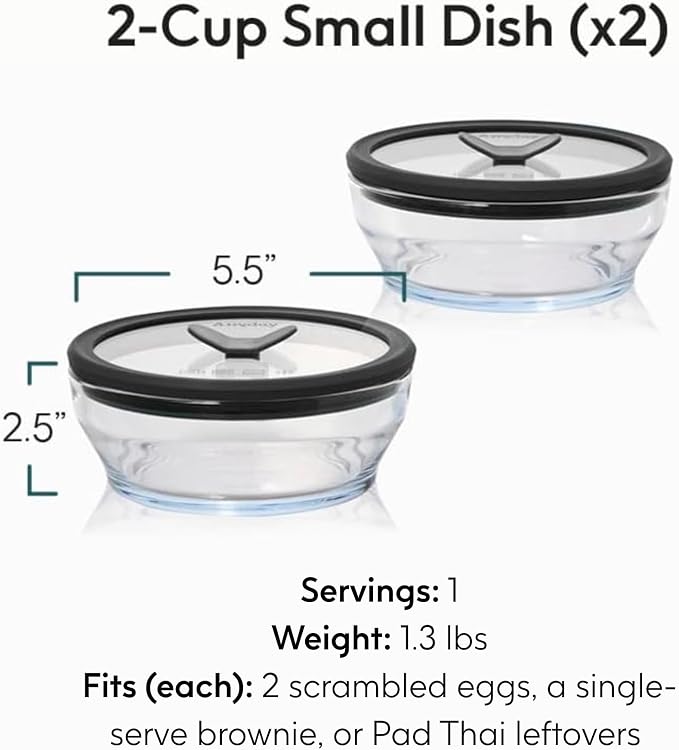 Anyday 2-Pack 2-Cup Glass Food Storage Set with Lids (Clear Black Sesame) | Plastic Free Meal Prep, Stackable Airtight Container, Vented Glass Lid for Microwave-Safe Reheating
