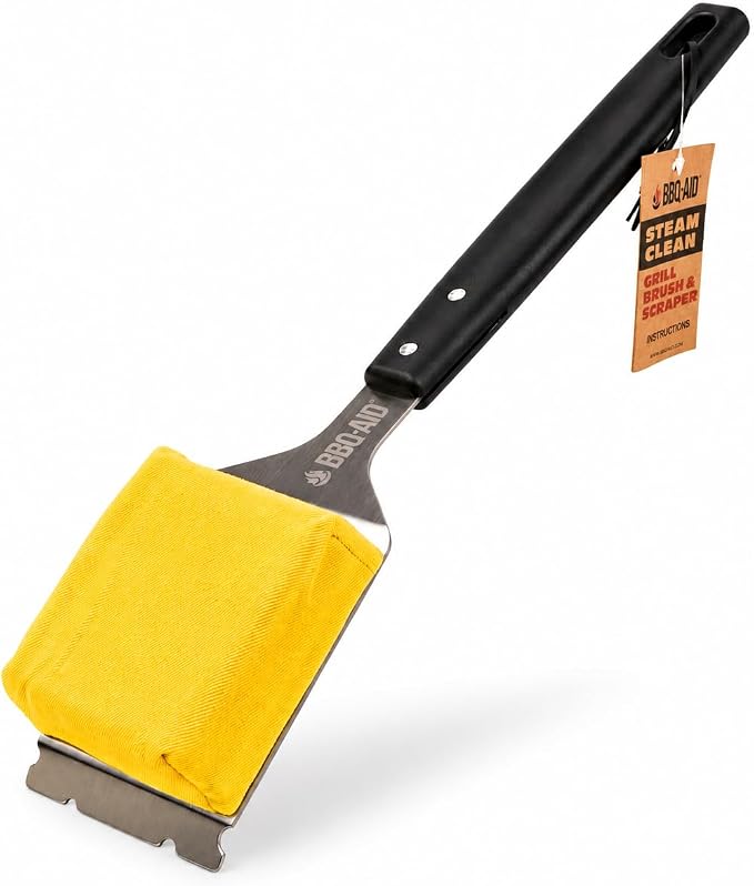 Bristle Free Steam Grill Brush and Scraper for Outdoor Grill, Black | 100% replaceable steam scrub pad, built-in scraper, grill cleaner; no shedding, safe for all grill grates