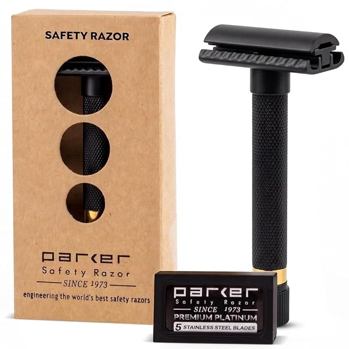 Parker Variant Adjustable Double Edge Safety Razor, Black and Gold | Solid Brass Two-Piece Razor Offers Five Adjustable Settings, Heavyweight Balance And A Distinctive Black-And-Gold Finish.