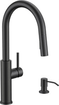 FORIOUS Kitchen Faucet with Soap Dispenser, Modern Matte Black, Single Handle High Arc Stainless Steel Kitchen Sink Faucet with Pull Down Sprayer, 1 or 3 Hole Deck Mount for RV, Laundry, Outdoor