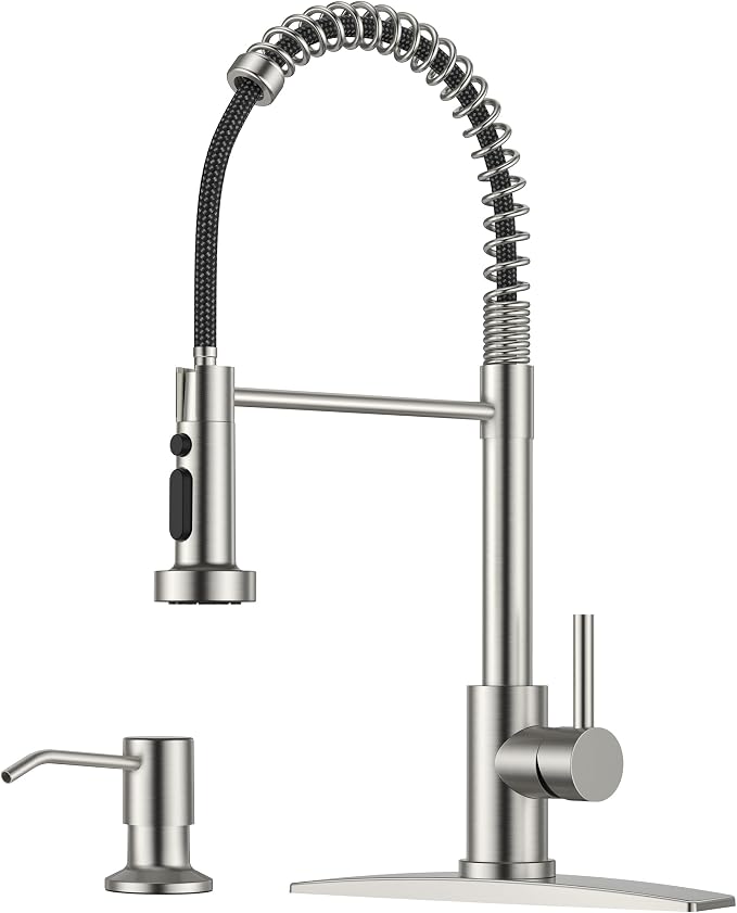FORIOUS Kitchen Faucet with Soap Dispenser, Stainless Steel Kitchen Sink Faucet with Pull Down Sprayer Burhsed Nickel Single Handle Modern Spring Commercial for Laundry Room RV Camp Bar Farmhouse