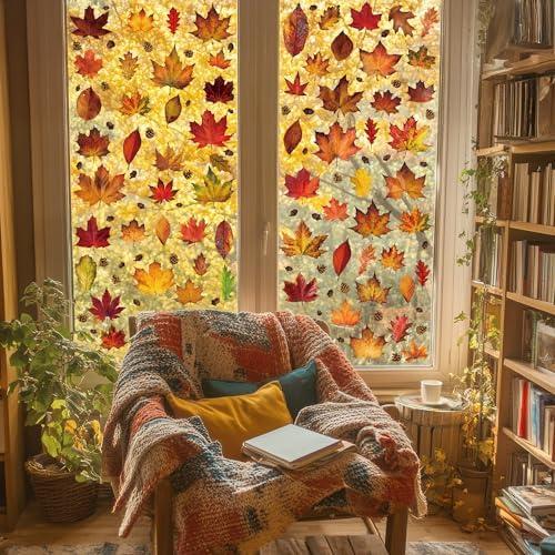 336 PCS Fall Window Clings, 9 Sheets Autumn Decorations, Maple Leaves Pattern Double Sided Stickers Decal, Autumn Window Clings for Fall Decorations Accessories Home Indoor Outdoor Accessories Decor