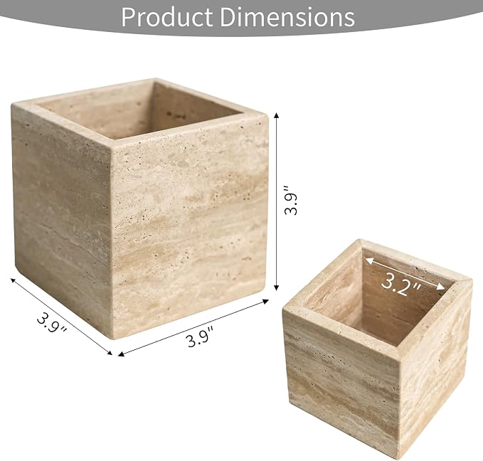 Natural Stone Makeup Brush Holder for Vanity, Marble Toothbrush Holder for Bathroom, Luxurious Countertop Organizer, Travertine Bathroom Accessories Beige Square